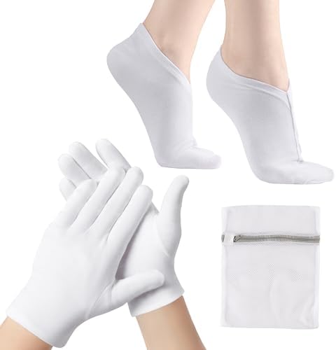 12 Pairs Cotton Moisturizing Gloves and Socks Set (1 Washing Bag Included), Dry Hands Feet Overnight Lotion SPA Treatment, Eczema Skin Friendly, Breathable and Soft Glove Liners for Summer