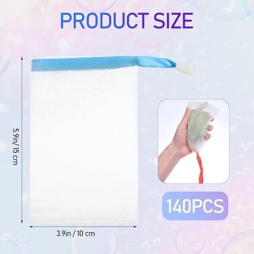 140 Pcs Mesh Soap Bags for Soap Bars, 10 Colors Soap Saver Pouch, Soap Bag for Shower with Drawstring, for Shower Washing, Bubble, Drying and Store Soap, 6 X 4 Inches