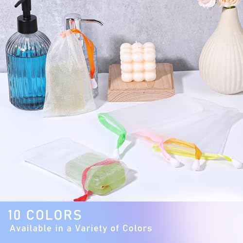 140 Pcs Mesh Soap Bags for Soap Bars, 10 Colors Soap Saver Pouch, Soap Bag for Shower with Drawstring, for Shower Washing, Bubble, Drying and Store Soap, 6 X 4 Inches