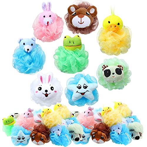 16 Pcs Kids Bath Loofahs Bulk Animal Cartoon Bath Sponge Cute Pouf Mesh Body Loofah Colorful Exfoliating Scrubber Shower Ball for Kids Toddler Boys Girls Adults