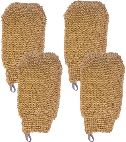 (4 Pack) Natural Exfoliating Hemp Bath Mitt Shower Gloves Loofah Washcloth Sponge Machine Washable Body Scrubber (ROUGHER Hemp)