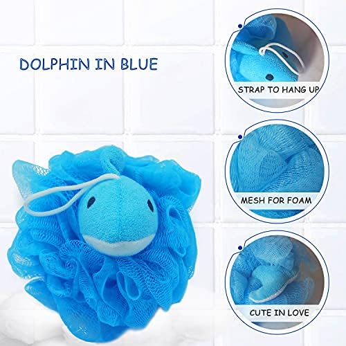 (4 Pack) Lovely Animal Design Kids Exfoliating Bath Scrubber Body Scrubber Shower Ball for Baby Toddler Kids Gentle Exfoliating Bath Sponge Loofah Pouf in Colorful Design