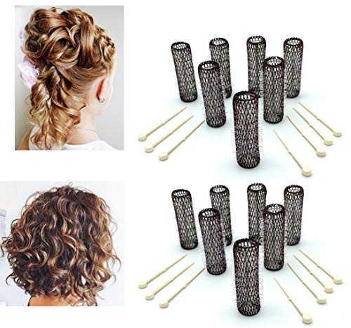 14 pc Vintage Style Hair Roller Medium BRUSH ROLLERS & PINS Mesh Hair Curlers With Bristles 2.5"x 3/4", with Flexible Locking Pins